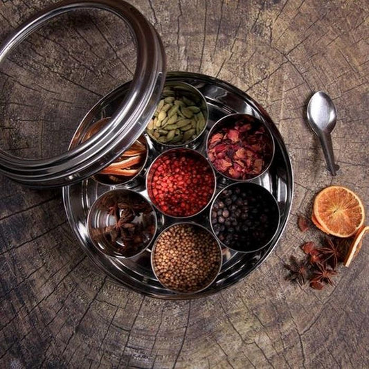 Royal Spice Masala Box – Premium Stainless Steel 7-Compartment Spice Container 20 cm