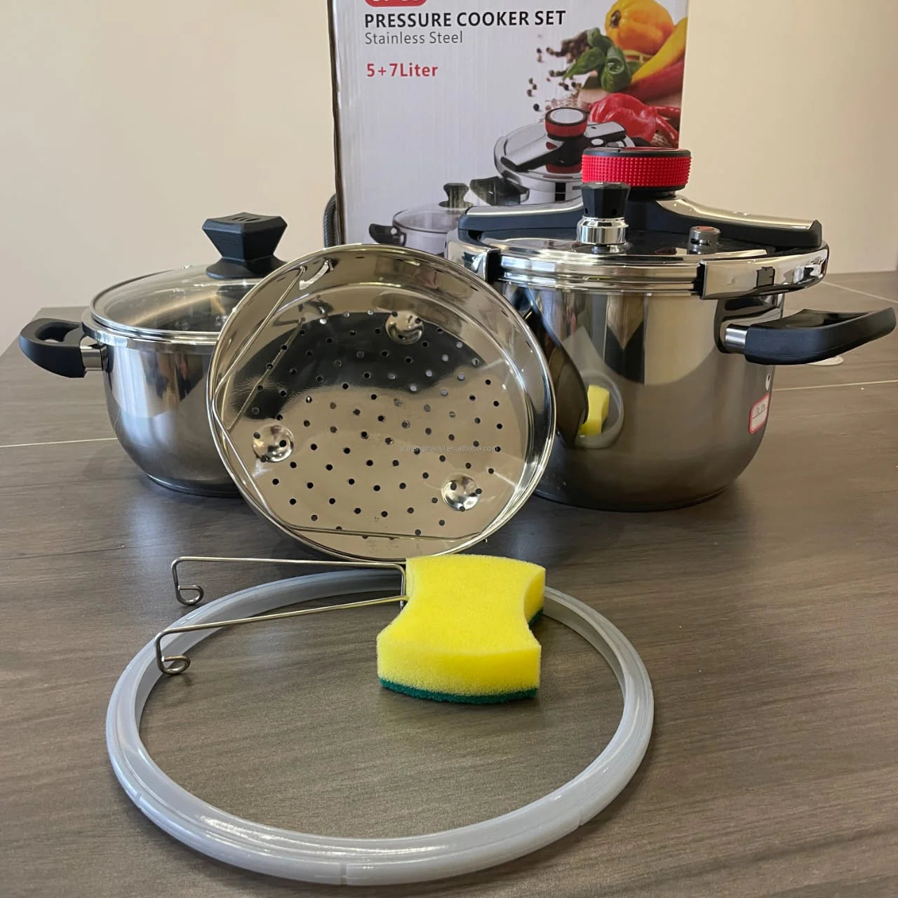 KNOB 7+5L Pressure Cooker Set – 7L Cooker, 5L Handi & Steamer Combo