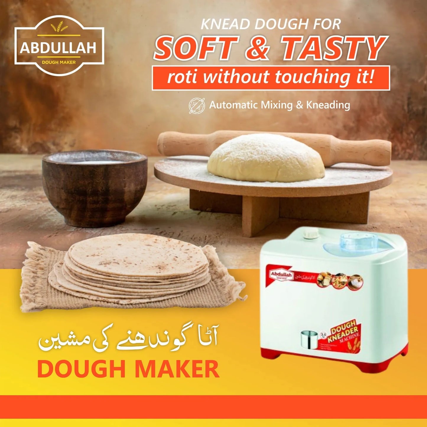 Atta Machine - Abdullah Dough Kneader - Flour Roti Puri Paratha Dough Kneading Machine - Automatic Dough Maker Mince Mixer - 3.5 kg