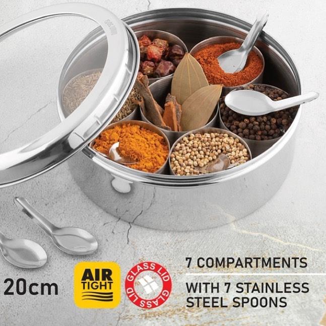 Royal Spice Masala Box – Premium Stainless Steel 7-Compartment Spice Container 20 cm