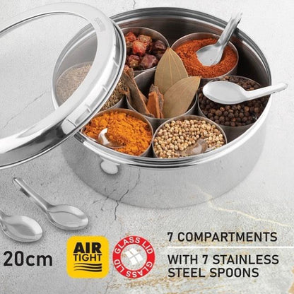 Royal Spice Masala Box – Premium Stainless Steel 7-Compartment Spice Container 20 cm